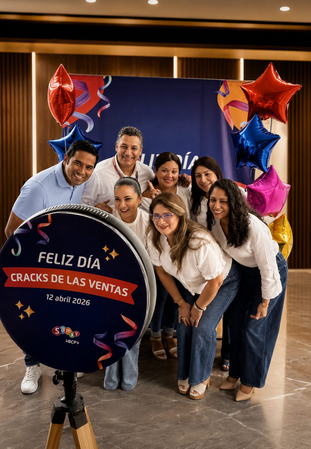 Equipo celebrando frente a la cabina con letrero personalizado del evento